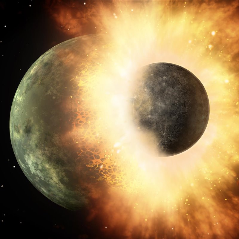 Representación artística de una colisión entre dos cuerpos planetarios. Tal impacto entre la Tierra y un objeto del tamaño de Marte probablemente formó la Luna.