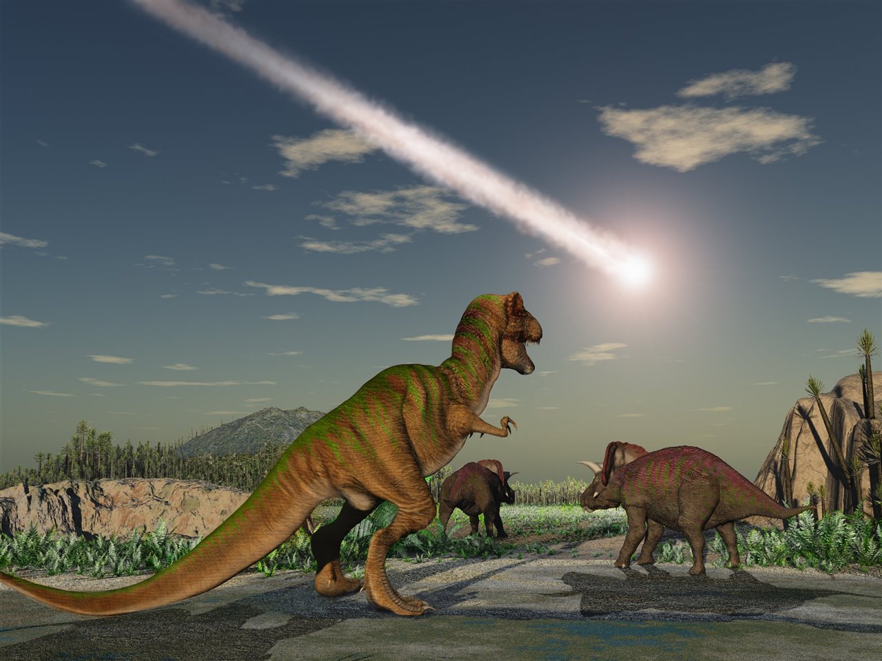 Ilustración que muestra el momento de la caída del meteorito que provocó la extinción de los dinosaurios