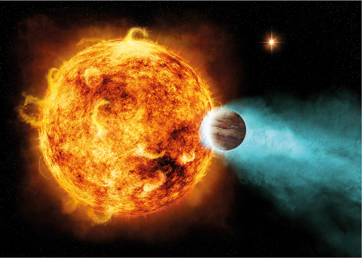 Recreación artística que muestra cómo la atmósfera de un exoplaneta se evapora por la cercanía a su estrella.