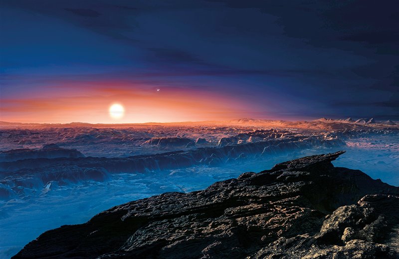 Recreación de la posible superficie  de un exoplaneta potencialmente habitable de la estrella Próxima b.