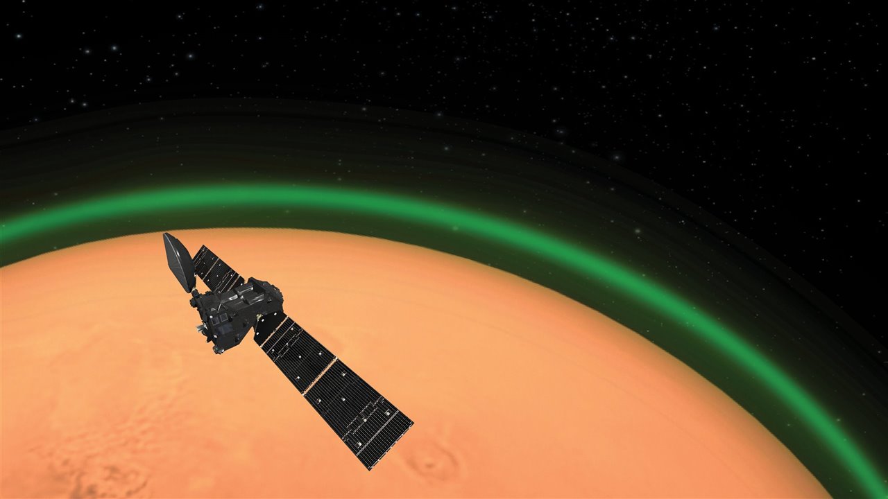 Resplandor verde en la atmósfera marciana. Representación artística 