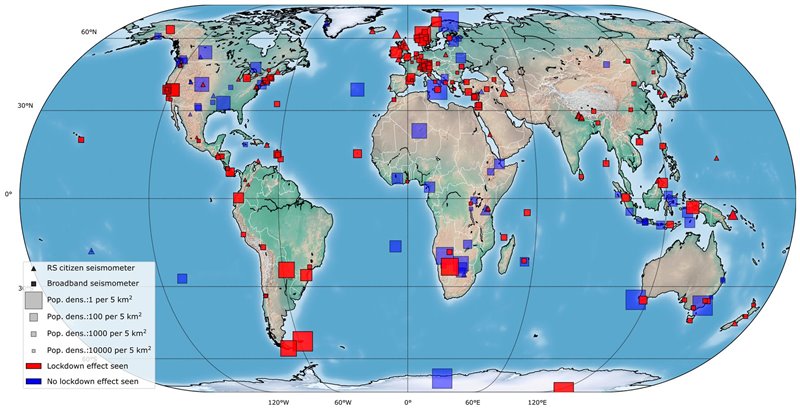Un total de 185 (en rojo) de las 268 estaciones sísmicas percibieron una reducción del ruido sísmico. 