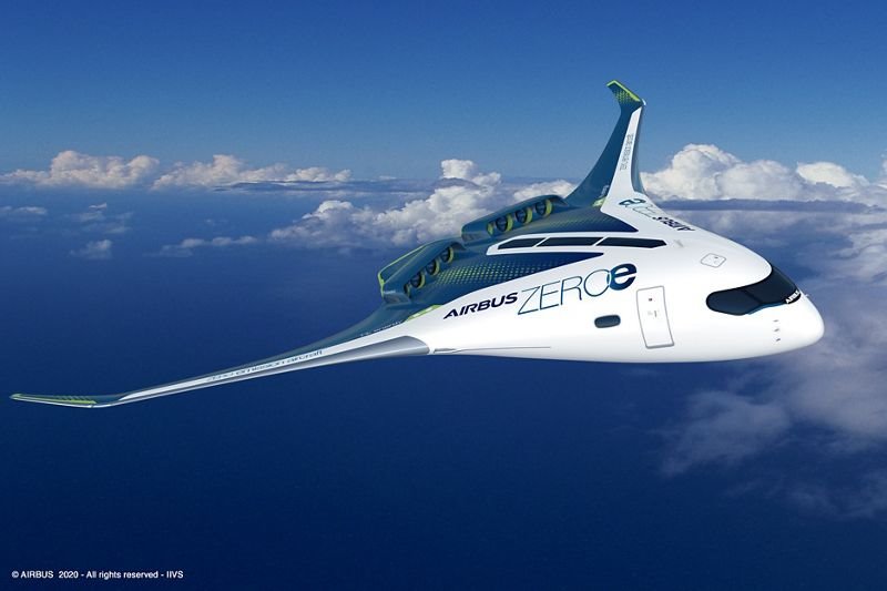 El nuevo prototipo “cuerpo de ala mixta” de Airbus, con capacidad para hasta 200 pasajeros, las alas se fusionan con el cuerpo principal de la aeronave. Su fuselaje permite múltiples opciones de almacenamiento y distribución de hidrógeno.
