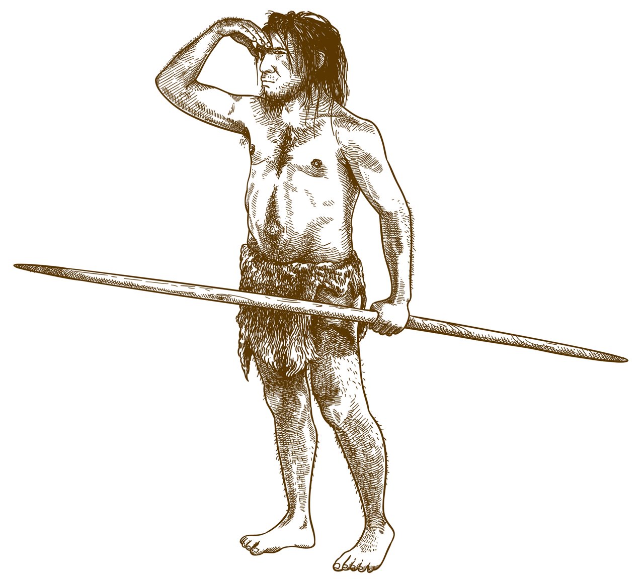 Un neandertal sujeta una lanza, una herramienta de caza muy utilizada a lo largo de la historia.