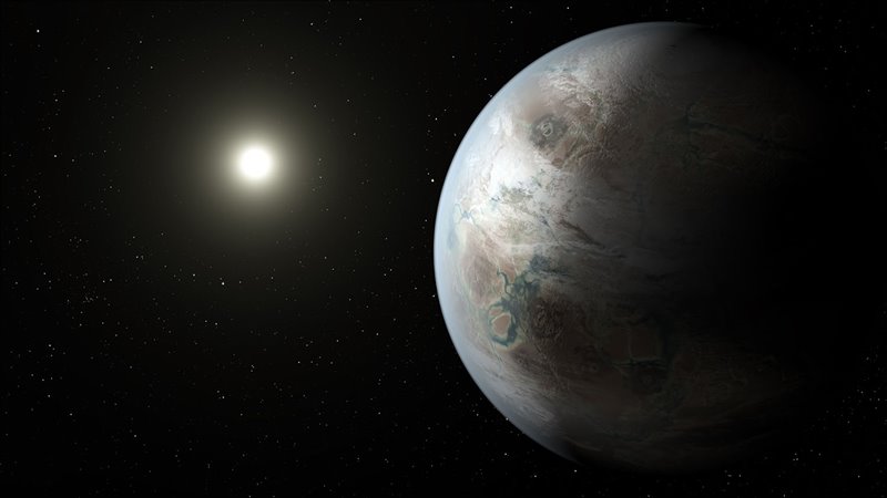 Recreación del planeta Kepler-452b, el primer exoplaneta del tamaño parecido al de la Tierra hallado en la zona habitable de una estrella similar al Sol.
