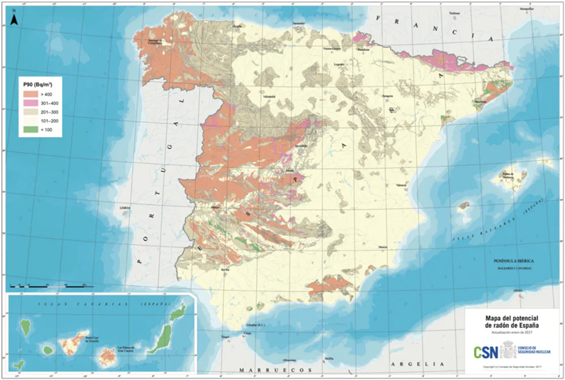 Mapa del potencial de radón en España.