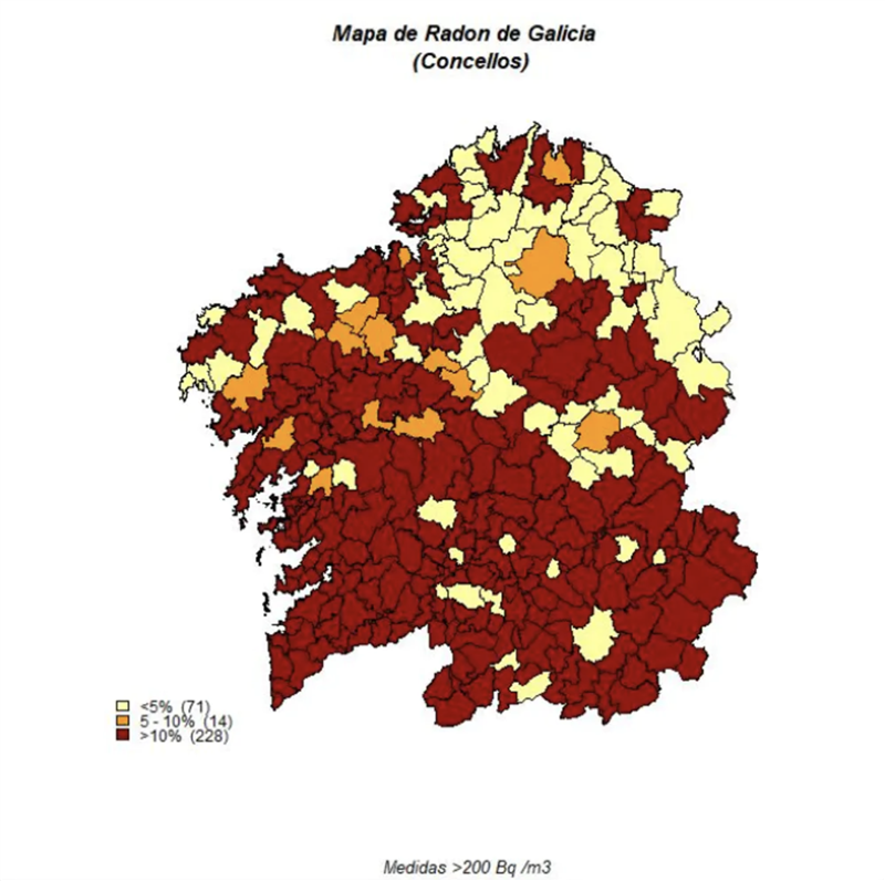 Porcentaje de medidas de más de 200Bq/m3 por municipio en Galicia