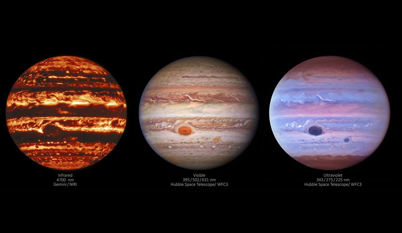 Vista de Júpiter en distintas longitudes de onda. Infrarrojo/Visible/Ultravioleta
