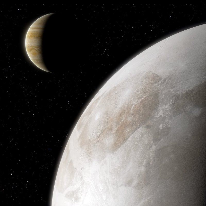 Representación artística de Júpiter y Ganímedes, una de sus lunas