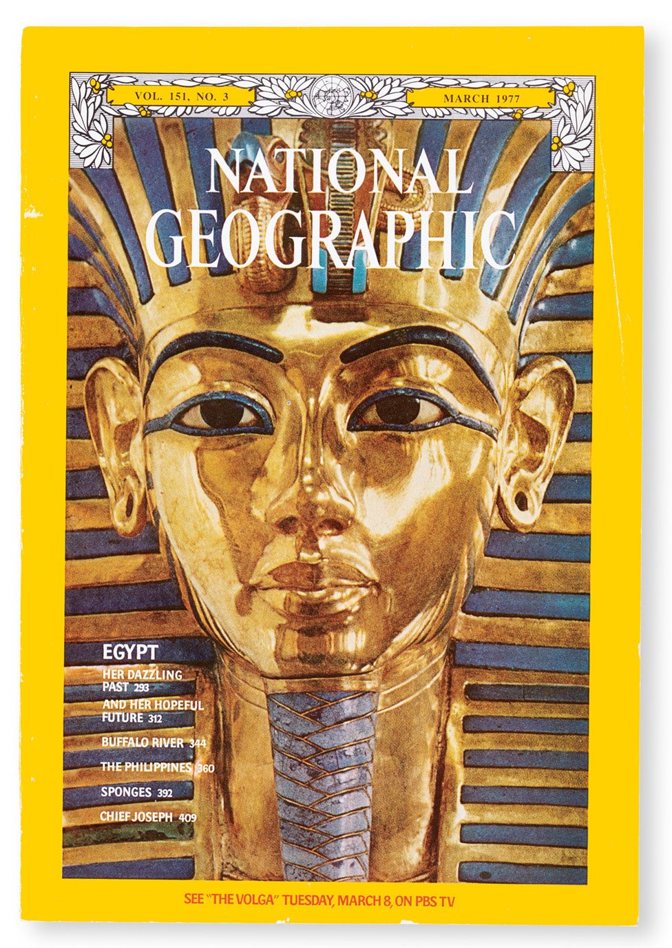 Máscara funeraria de Tutankamón en la portada de National Geographic de marzo de 1977.