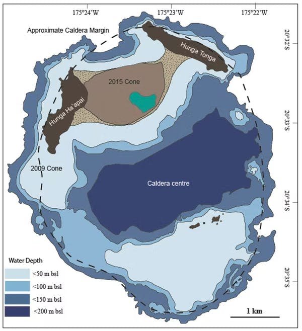 El enorme volcán submarino junto a las islas Hunga-Ha'apai y Hunga-Tonga. 