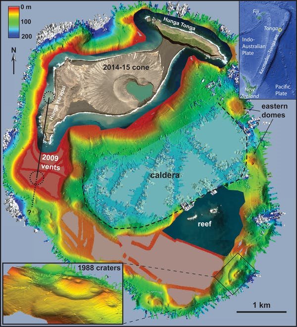 Un mapa del fondo marino muestra los conos volcánicos y la enorme caldera.