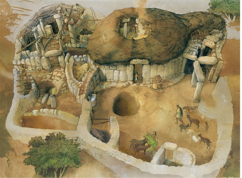La ilustración recrea dos viviendas de planta circular características del talayótico final.