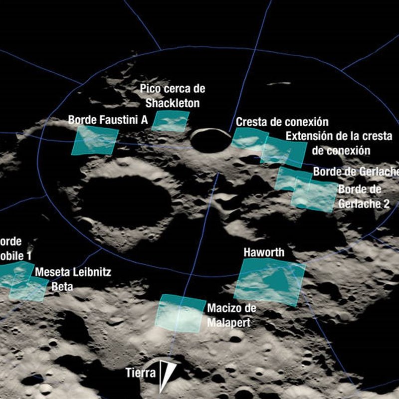Representación de las 13 regiones candidatas para el aterrizaje de la misión Artemis III de la NASA.