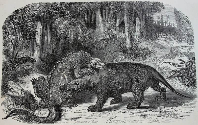 Ilustración artística (y poco precisa científicamente) de 1863 que representa a un Iguanodon combatiendo con un Megalosaurus.