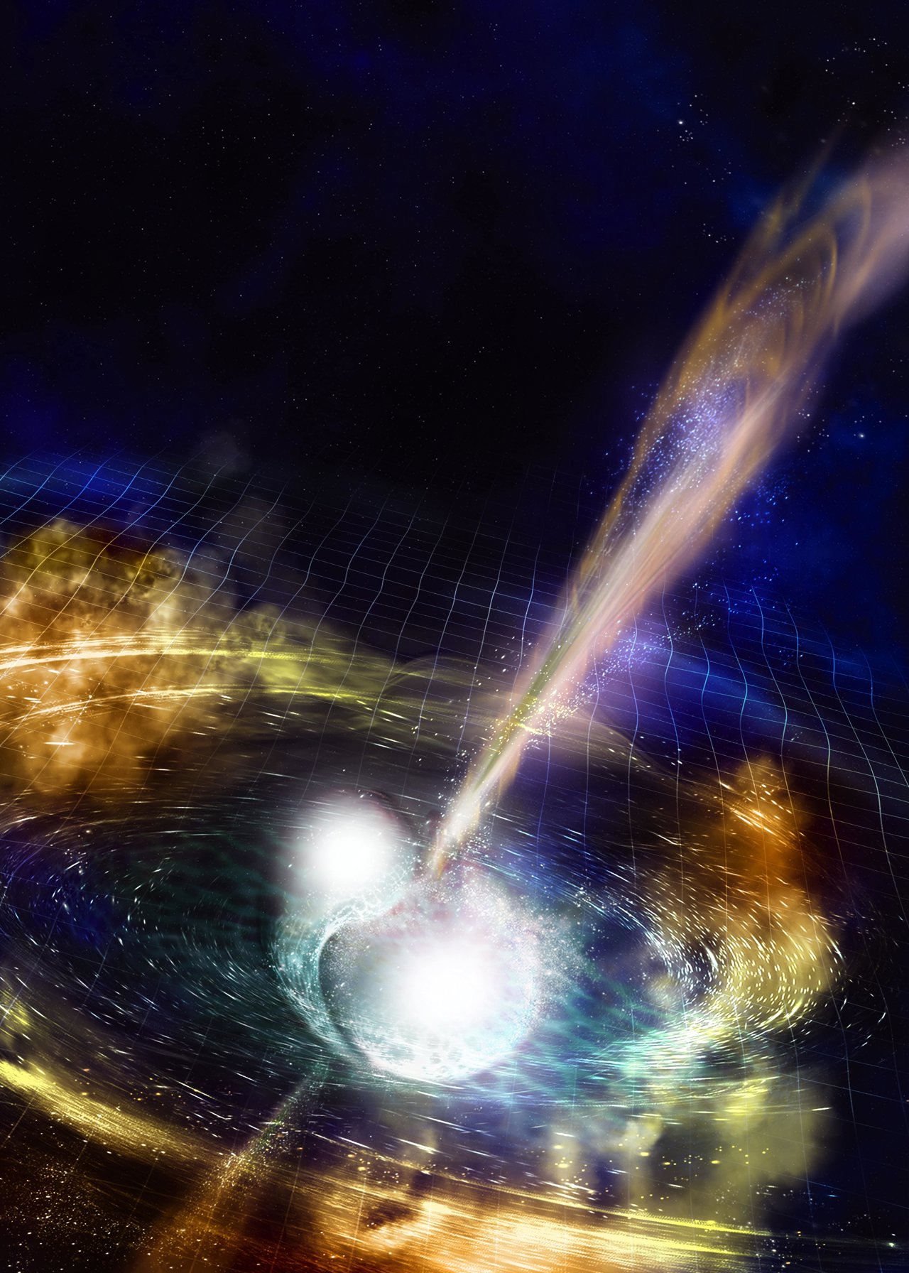 Representación artística de la fusión de dos estrellas de neutrones