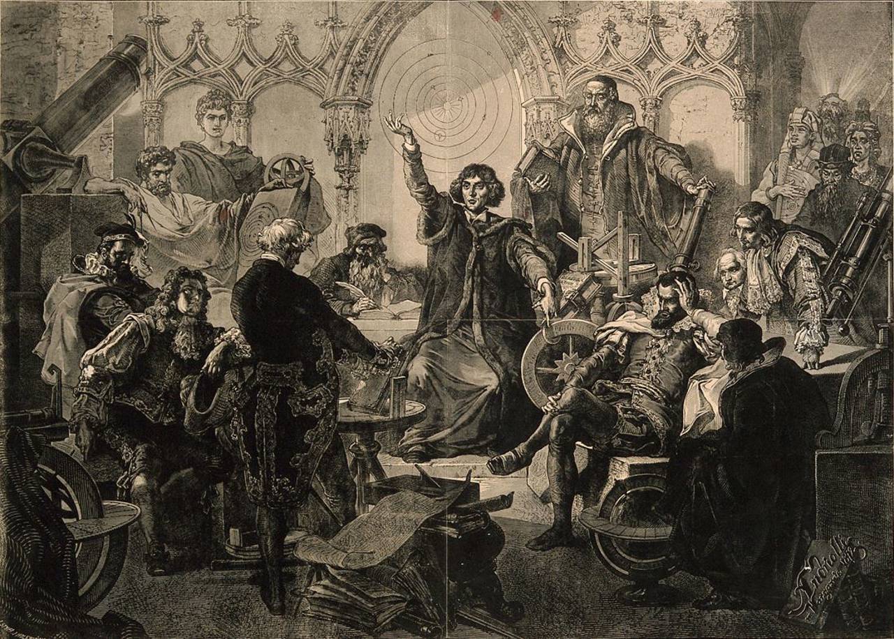 Nicolás Copérnico exhibiendo su modelo heliocéntrico frente al papa Alejando VI y su sequito 