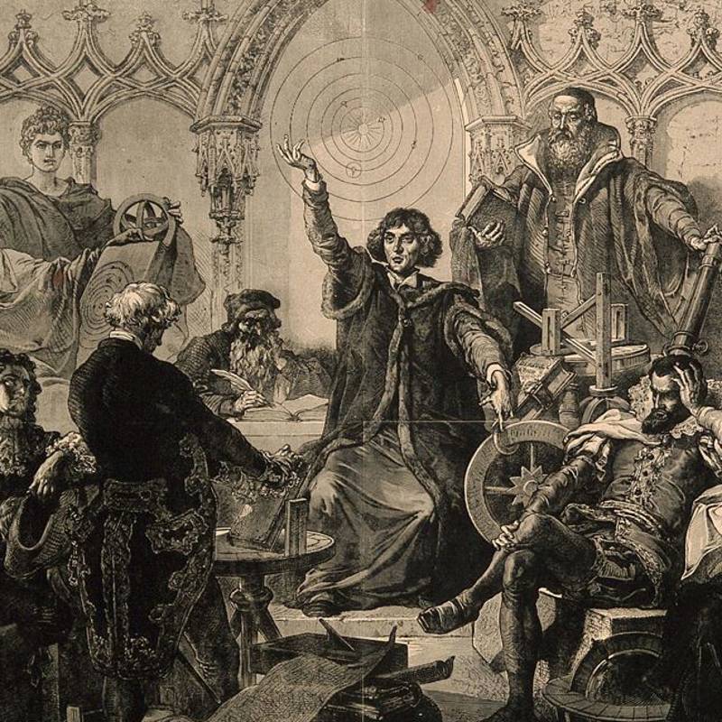 Nicolás Copérnico exhibiendo su modelo heliocéntrico frente al papa Alejando VI y su sequito 