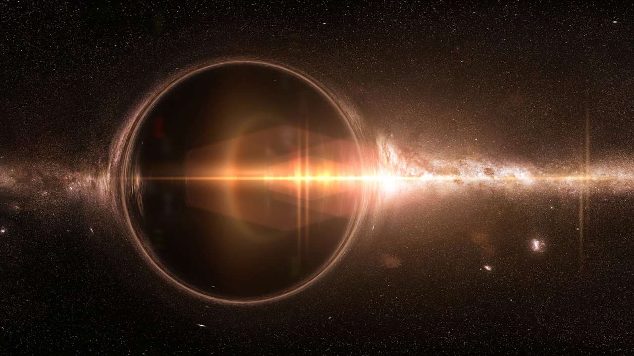 Representación artística de una lente gravitacional generada por un agujero negro