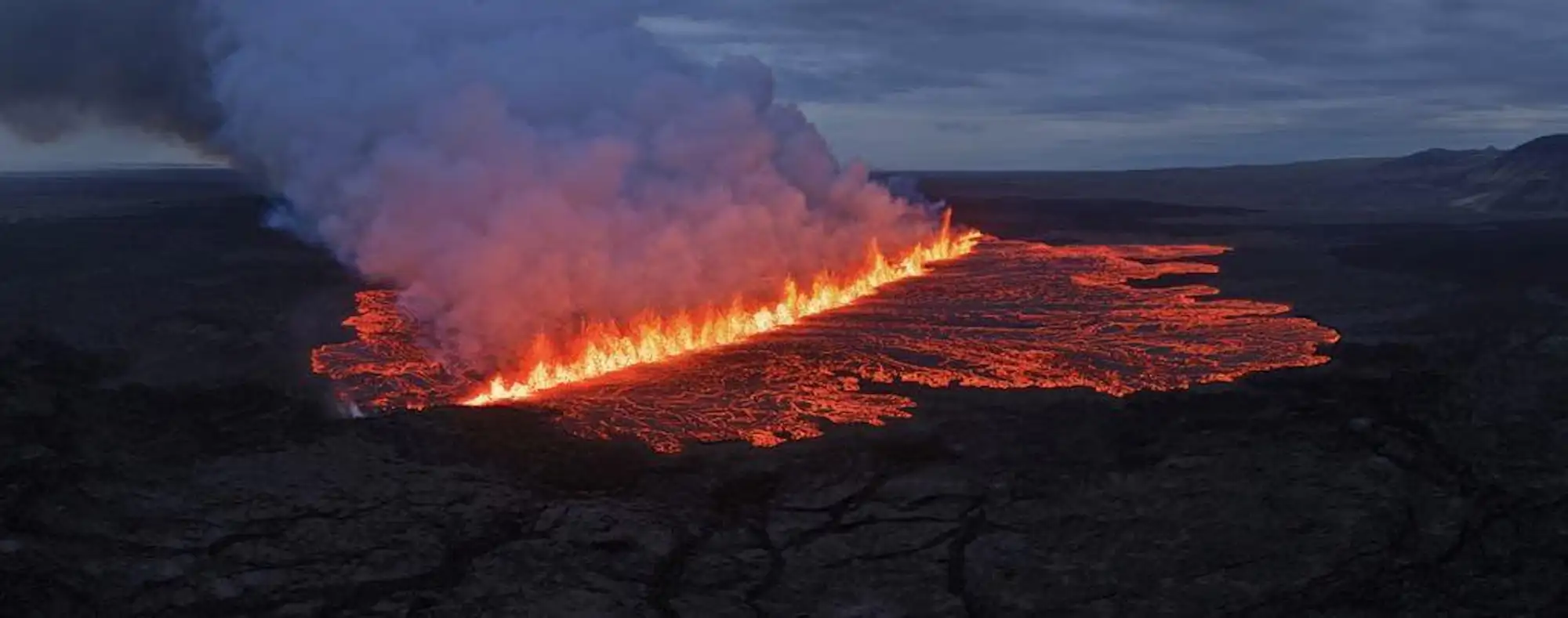 Aerial view of volcanic activity in Iceland.
