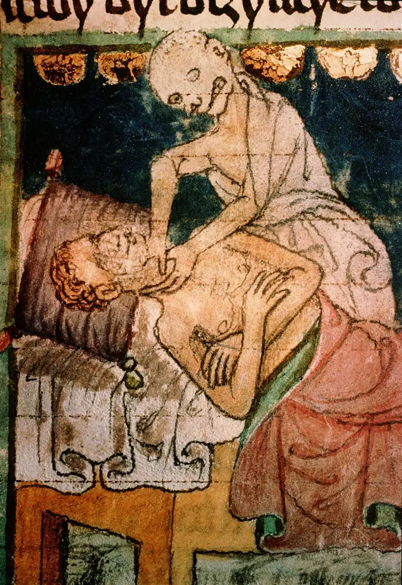 La Muerte estrangula a una v&#237;ctima de la Peste Negra, de la colecci&#243;n de tratados del Clementinum de Praga (Thomas von Stitny, 1376). 