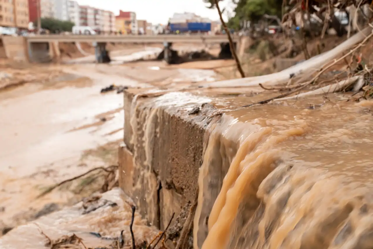 Aguas fangosas desbordando un cauce fluvial dañado en Valencia
